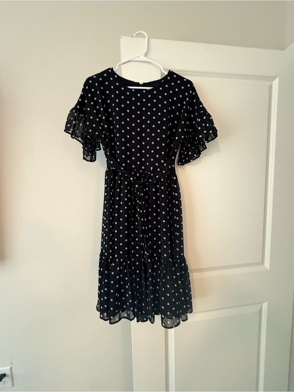 Rachel Parcell Black Midi Dress with White Polka Dots and Ruffle Sleeves